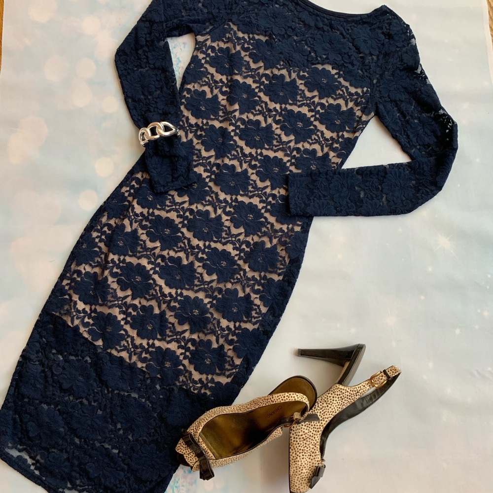 ❌SOLD❌ASOS Club L Navy Blue Bodycon Lace Dress - Picture 2 of 8
